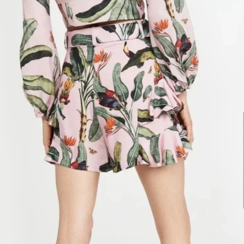 PatBO Tropical Ruffle Belted Shorts in White